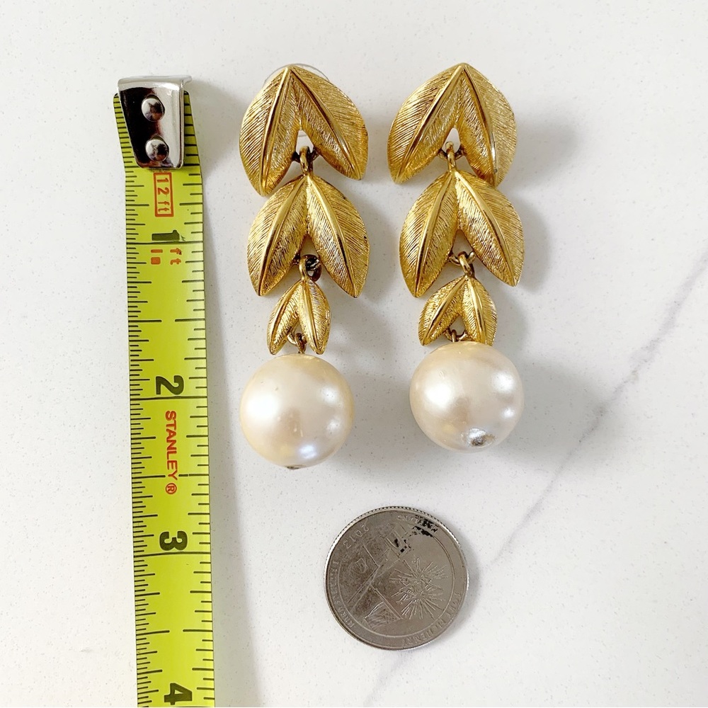 Napier Vintage Faux Pearl Gold-Tone Frosted Leaves Triple Drop Earrings - Picture 4 of 7